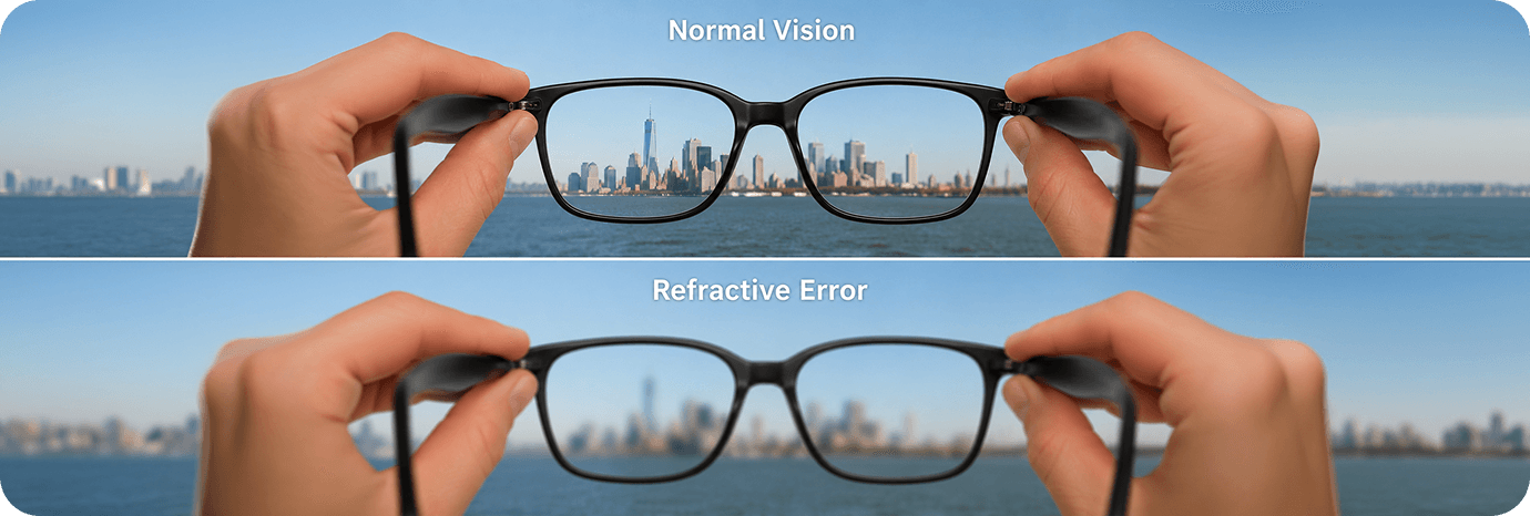 Normal Vision vs Refractive Error comparison through glasses